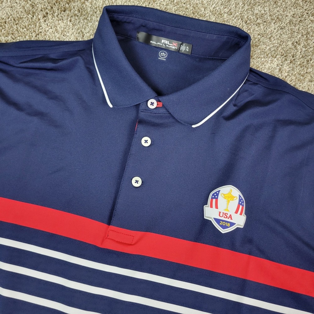 RLX Ralph Lauren Mens XL Blue White Red Striped USA Performance Stretch Polo SS
